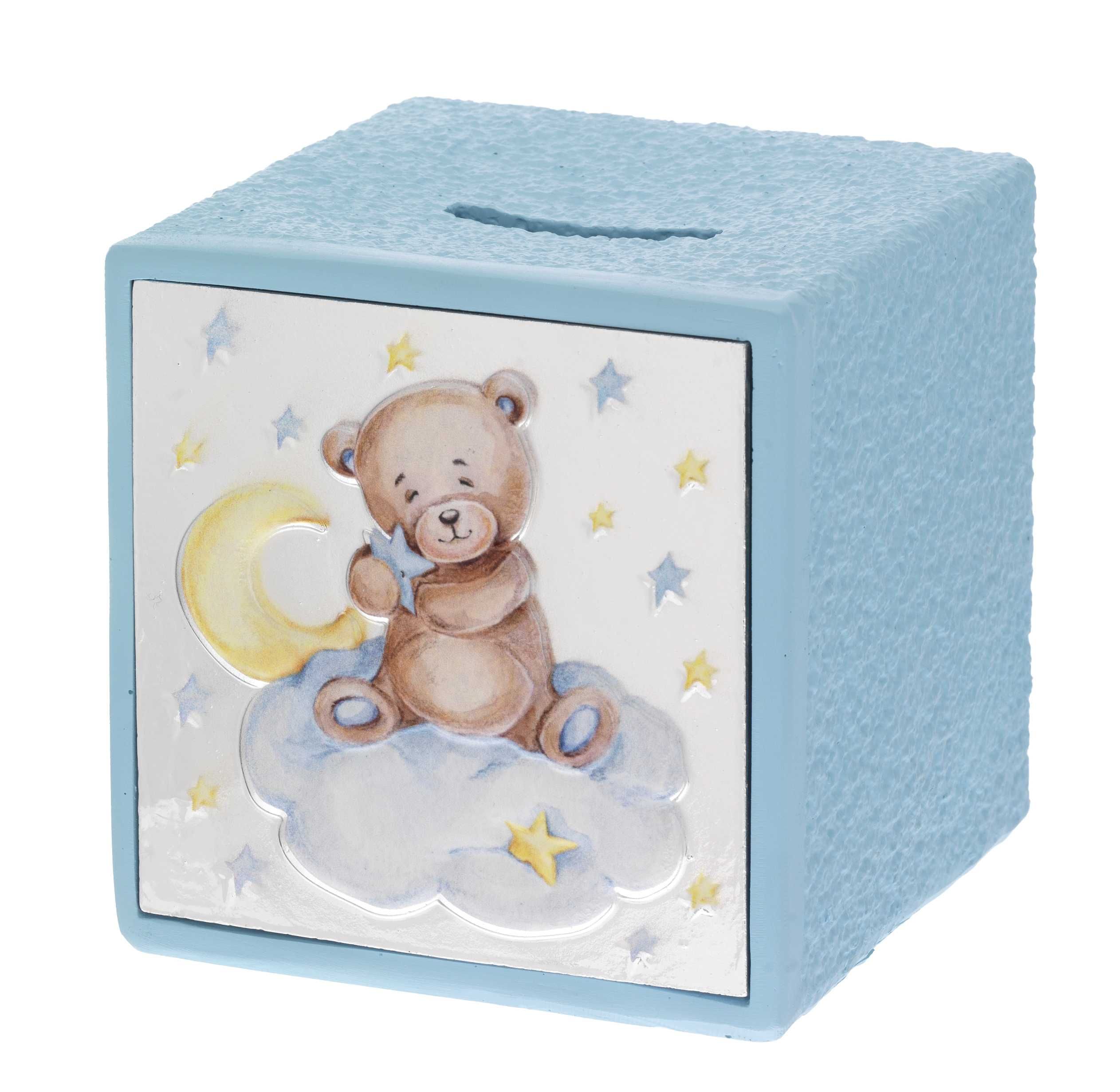 SALVADANAIO CUBO CON ORSETTO AZZURRO
